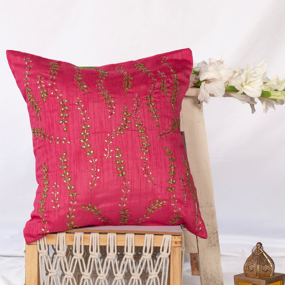 Pink Leaves embroidered cushion cover