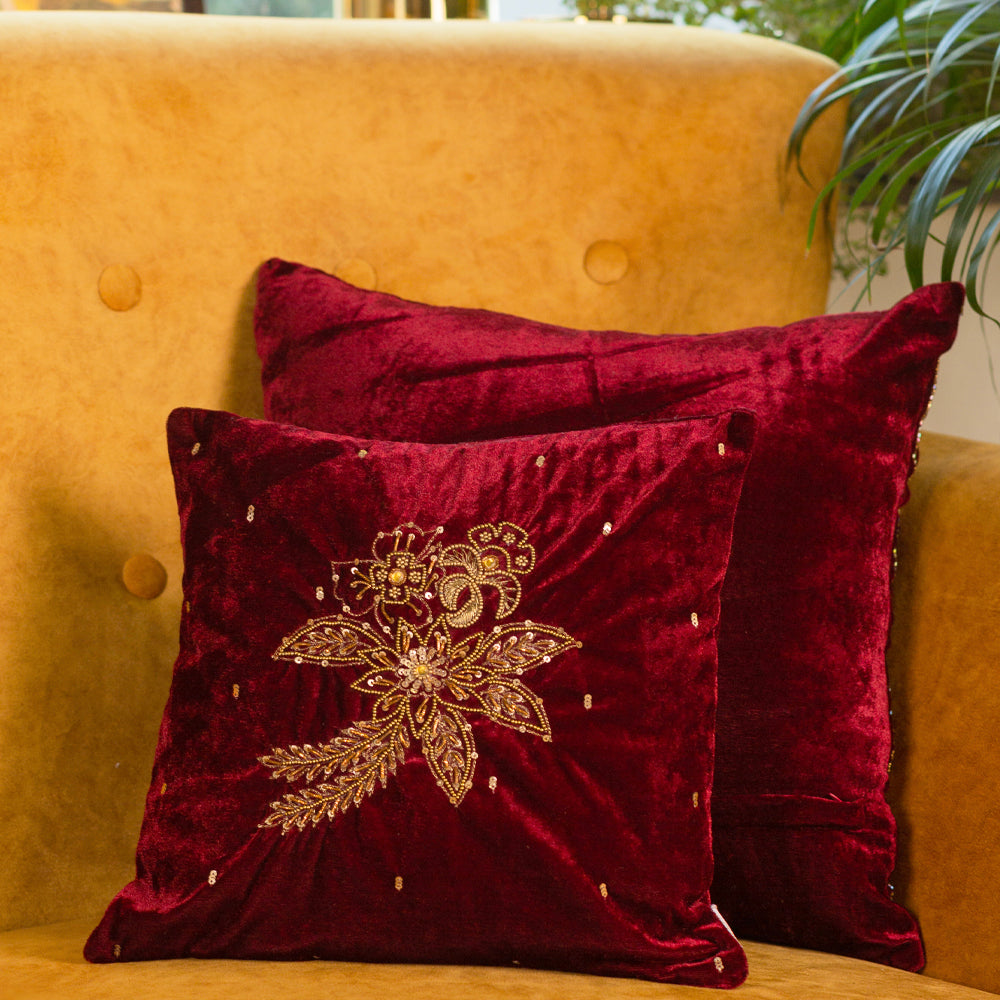 Red Velvet Embroidered Decorative Cushion