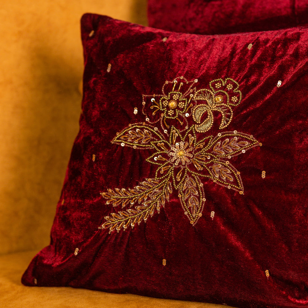 Red Velvet Embroidered Decorative Cushion