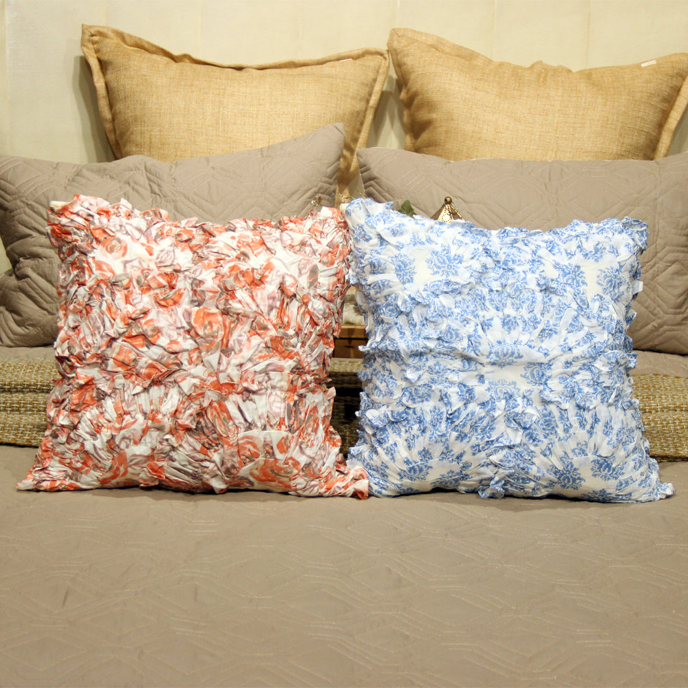 Peach printed ruffle cushion