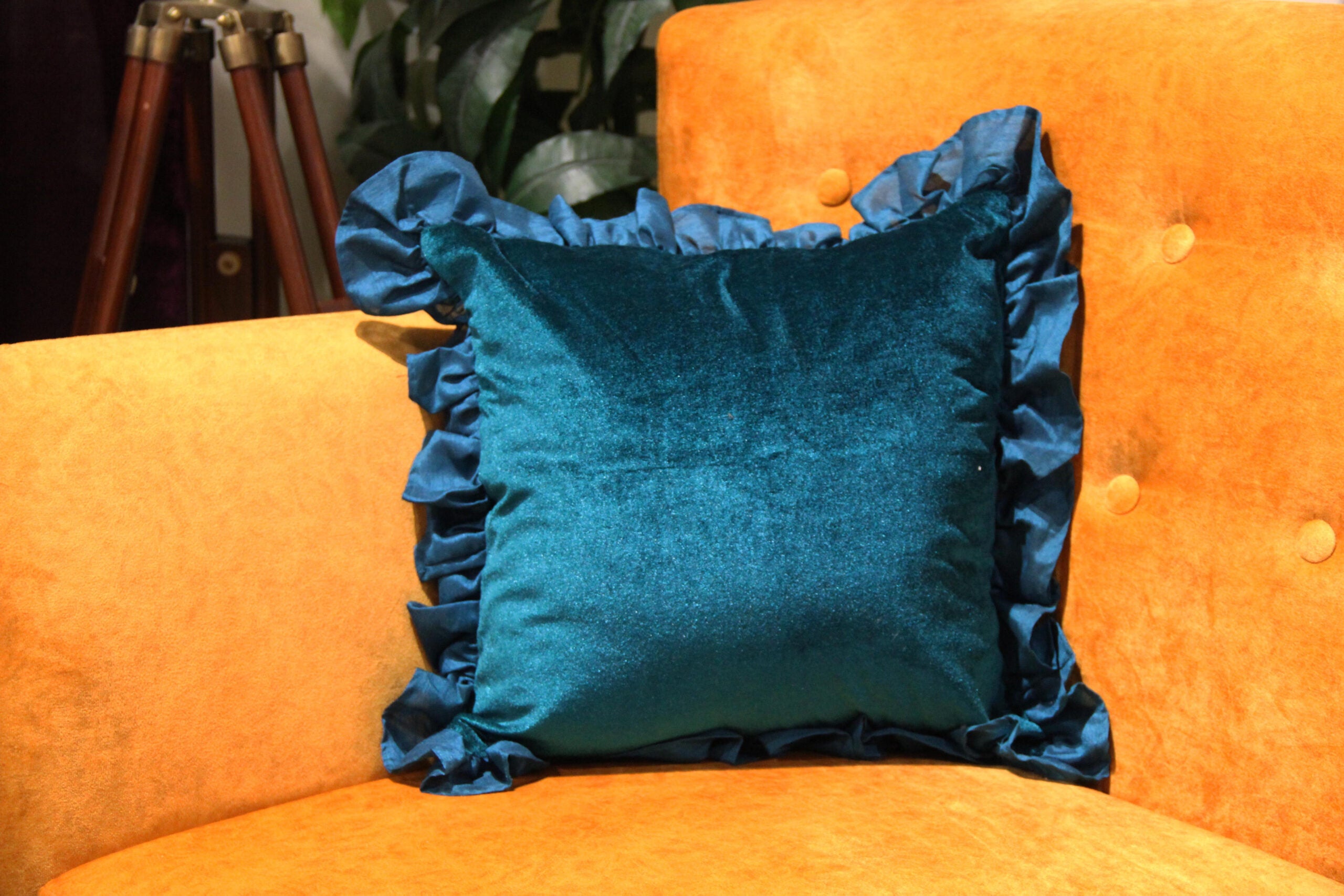 Teal green ruffle cushion cover