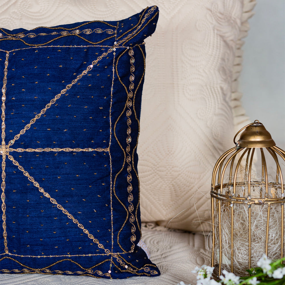 Navy Silk Geometrical Embroidered Cushion cover