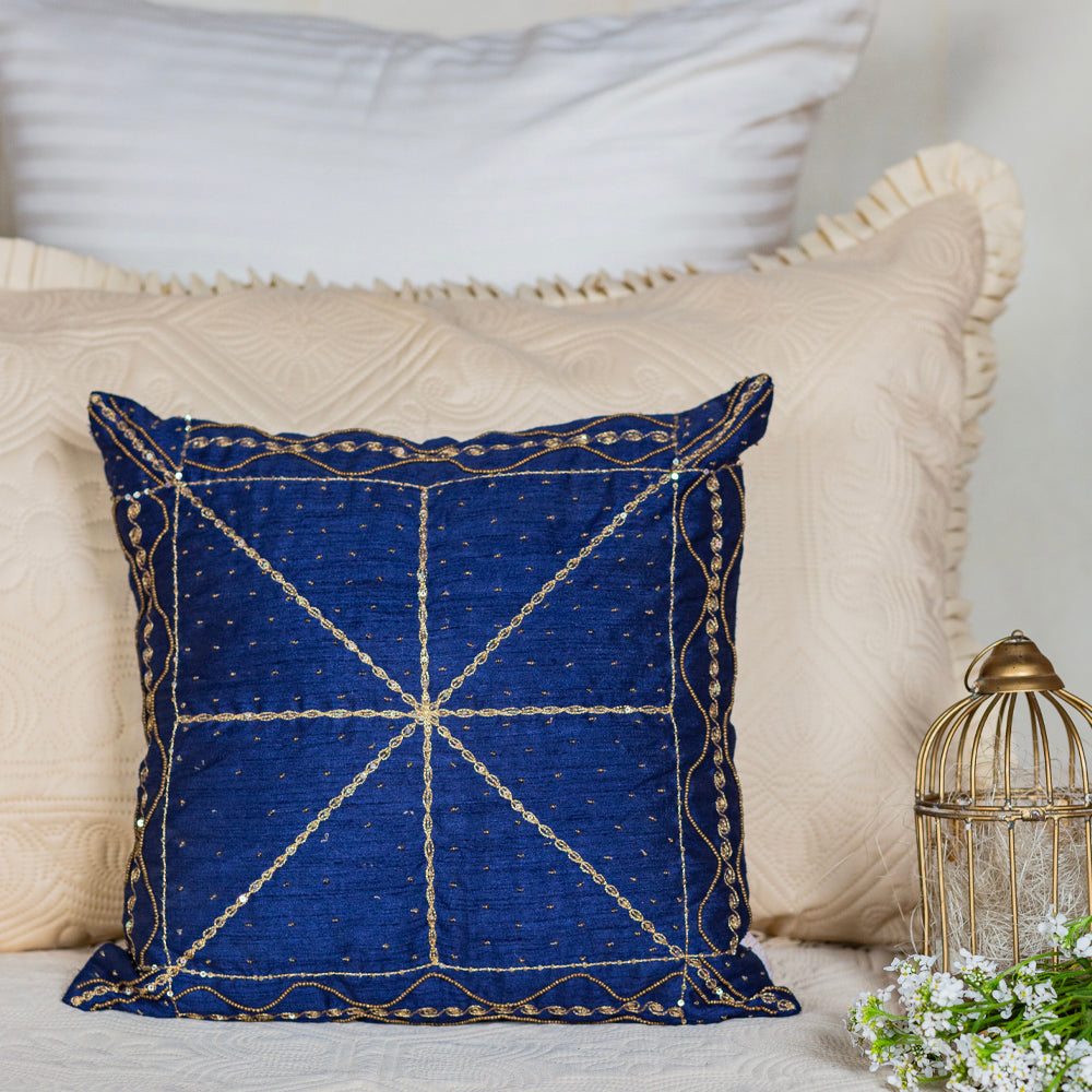 Navy Silk Geometrical Embroidered Cushion cover