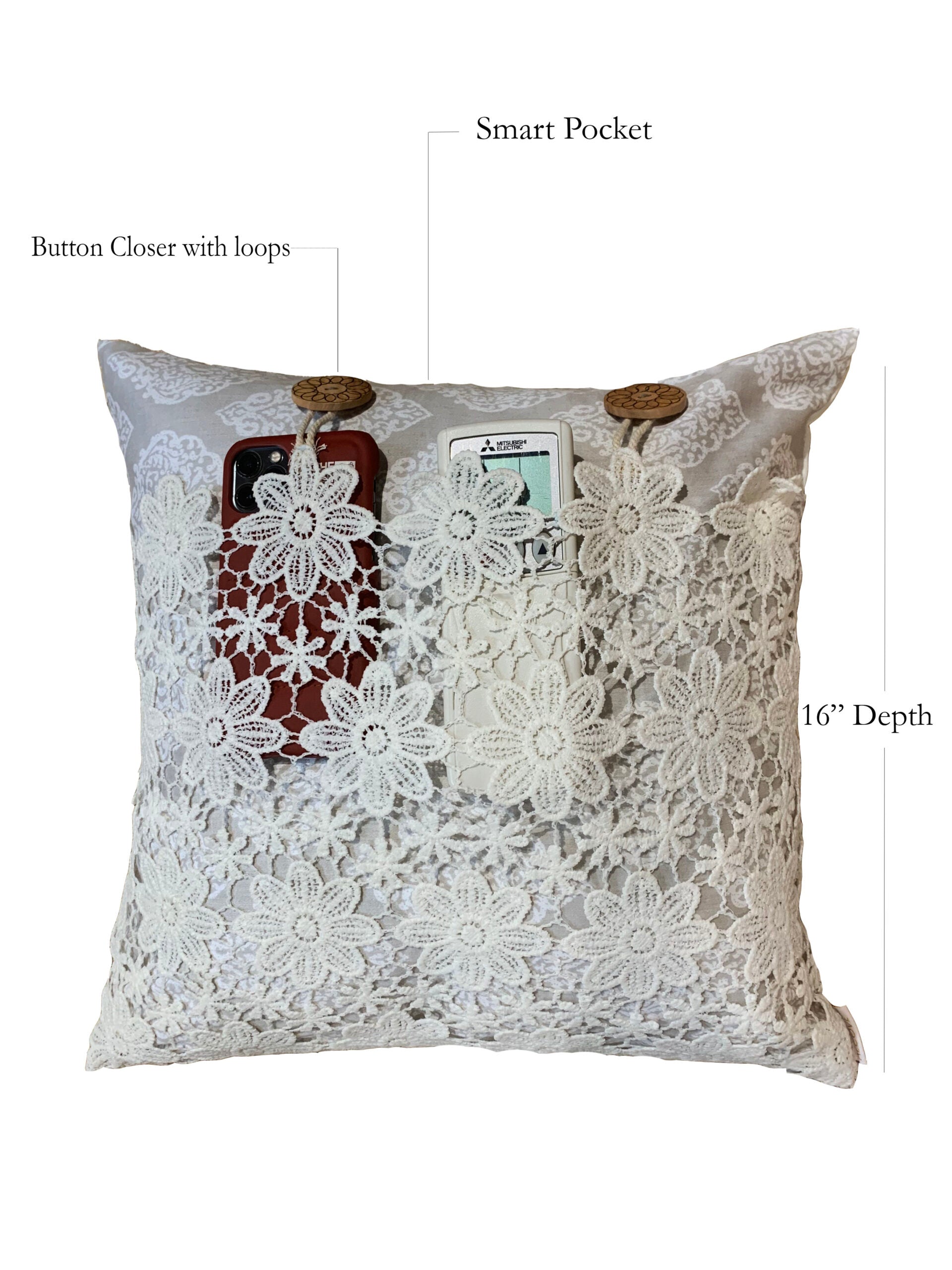 Crochet Lace Pocket Cushion Cover