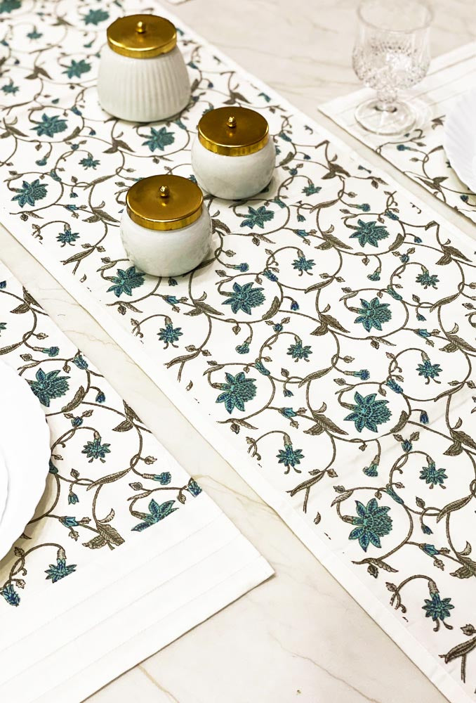 White Floral Block Printed table runner with table mats (set of 6)