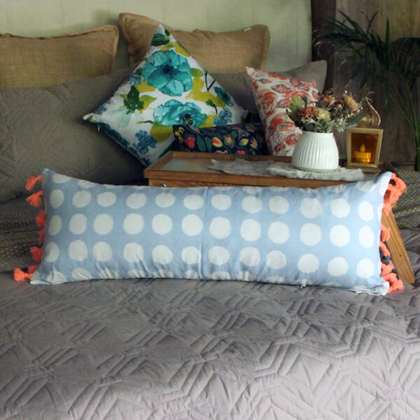 Mint blue printed Lumbar cushion with tassel lace trim