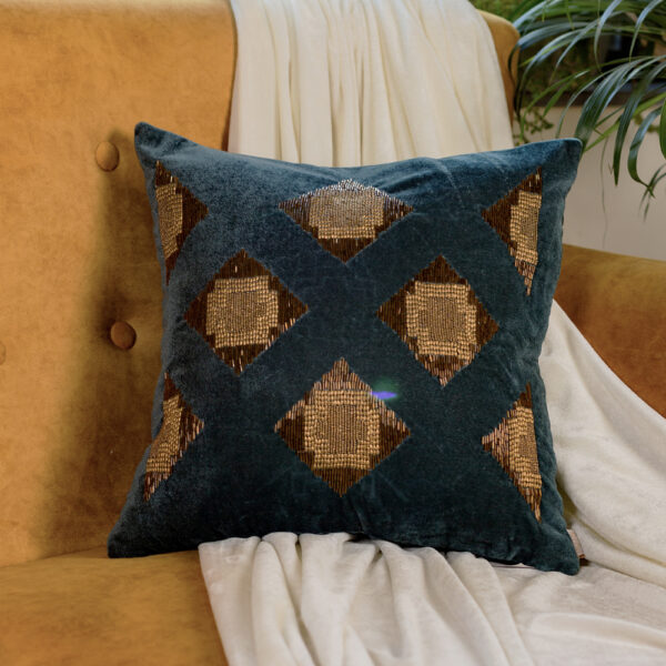 Green velvet Geometrical Embroidered cushion cover