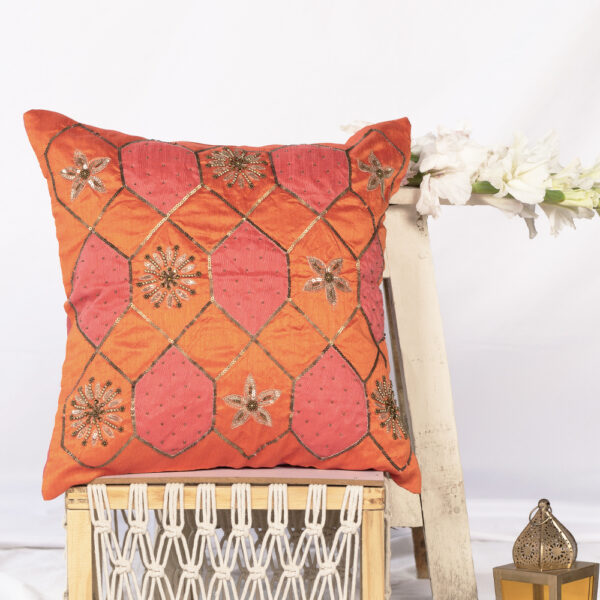 Pink patch work embroidered cushion cover