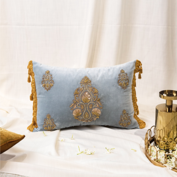 Sky Velvet Zardozi Cushion Cover