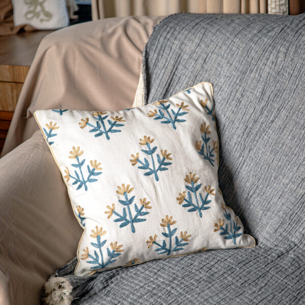 Beige & Blue Floral Embroidered Cushion Cover